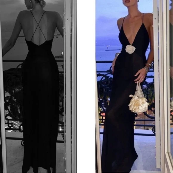 Helsa Sheer Deep V Rosette Long Slip Maxi Dress in Black size Small - Picture 2 of 6